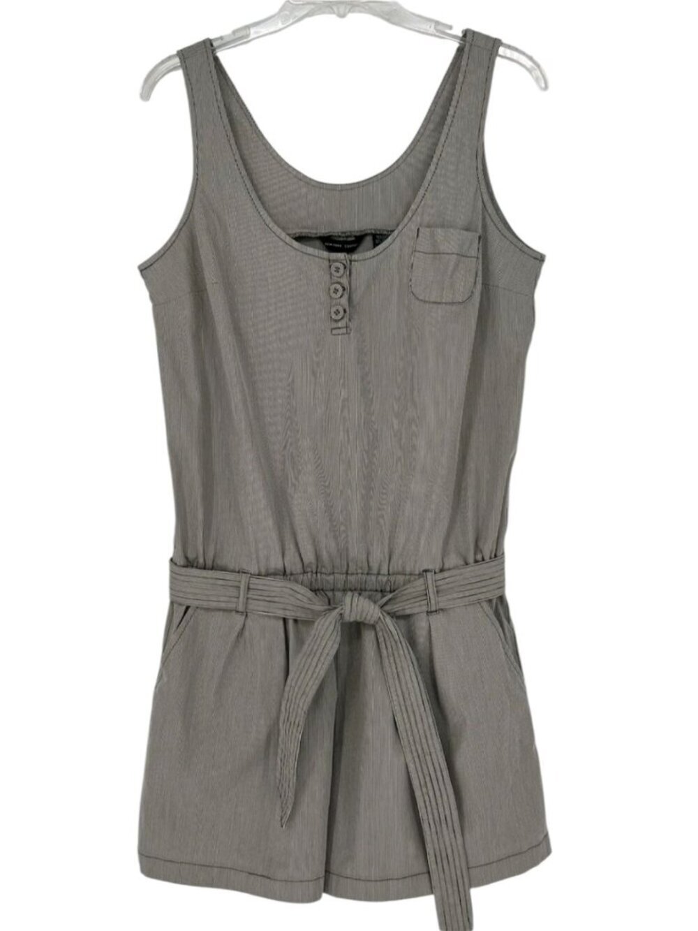 New York & Company Pinstriped Sleeveless Belted Romper W/ButtonGray Medium